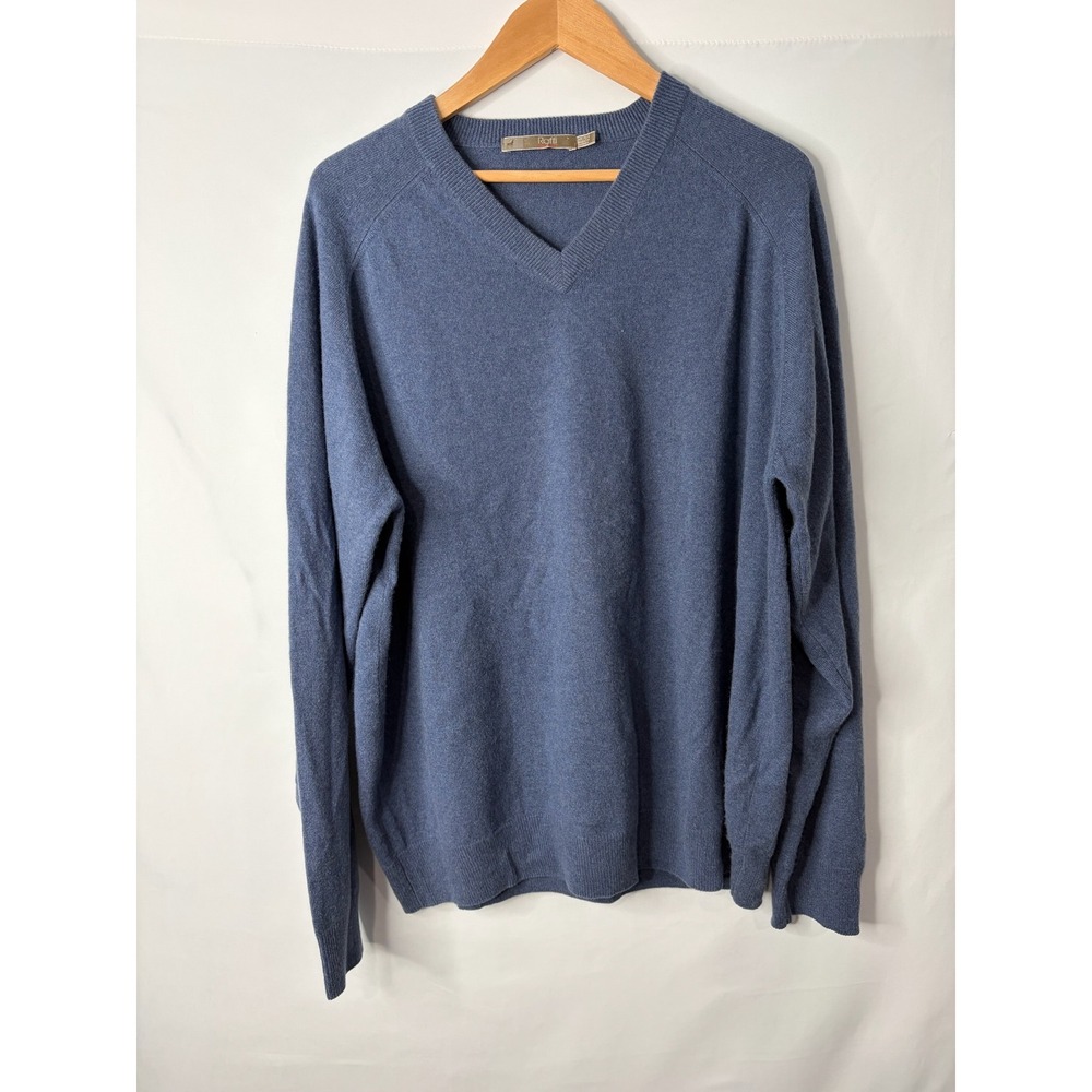 Raffi Mens Blue 100% Pure Cashmere V-Neck Sweater XL (54) Fine Knit Quiet Luxury